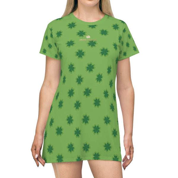 Light Green Clover Print St. Patrick's Day Women's Long T-Shirt Dress- Made in USA-T-Shirt Dress-Heidi Kimura Art LLC