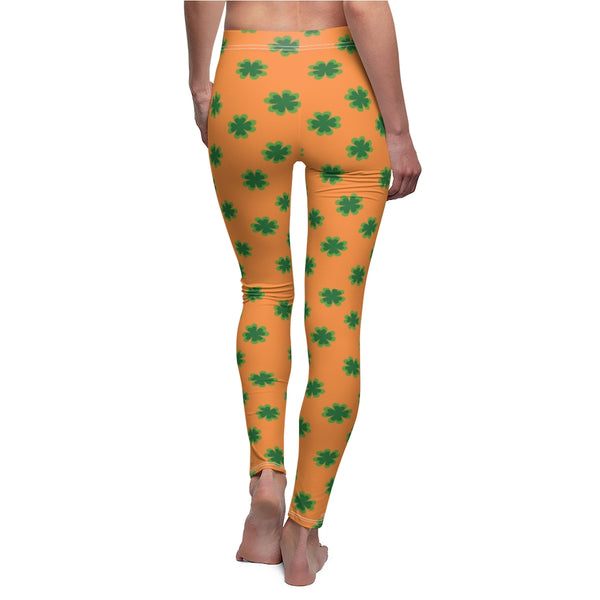 Orange Green St. Patrick's Day Clover Print Women's Long Casual Leggings- Made in USA-Casual Leggings-Heidi Kimura Art LLC