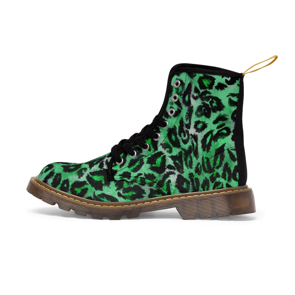 Green Leopard Print Men Hiker Boots, Animal Print Best Hunting Style Designer Men's Canvas Boots