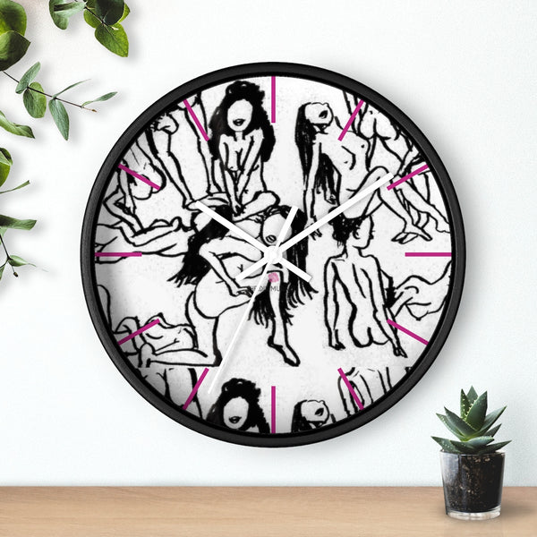 Nude Drawing Art Wall Clock,  Best Black White 10 inch Diameter Pink Art Wall Clock-Printed in USA, Large Round Wood Bedroom Wall Clock