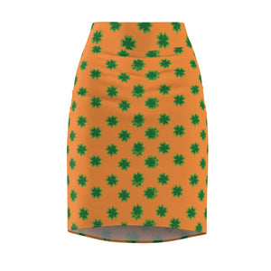 Orange Green Clover Leaf Print St. Patrick's Day Women's Pencil Skirt- Made in USA-Pencil Skirt-2XL-4 oz.-Heidi Kimura Art LLC
