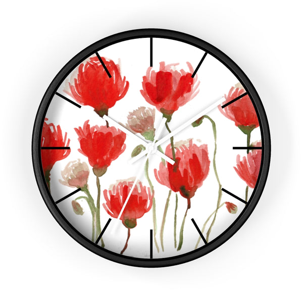 Red Poppy Floral Wall Clock,  Floral 10 inch Diameter Flower Wall Clock-Made in USA, Large Round Wood Girl Children Bedroom Wall Clock