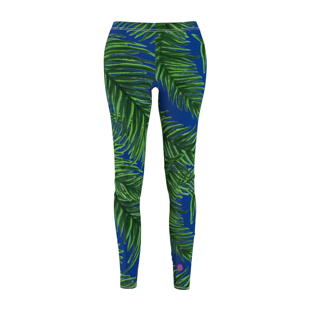 Blue Tropical Leaves Casual Tights, Navy Blue Best Jungle Leaves Women's Casual Leggings, Green Jungle Palm Tree Women's Long Leggings, Women's Fashion Best Designer Premium Quality Skinny Fit Premium Quality Casual Leggings - Made in USA (US Size: XS-2XL) 
