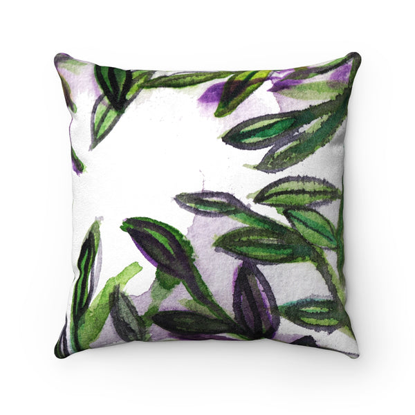 Green Tropical Leaves Print Luxury Faux Suede Square Pillow - Made in USA-Pillow-Heidi Kimura Art LLC