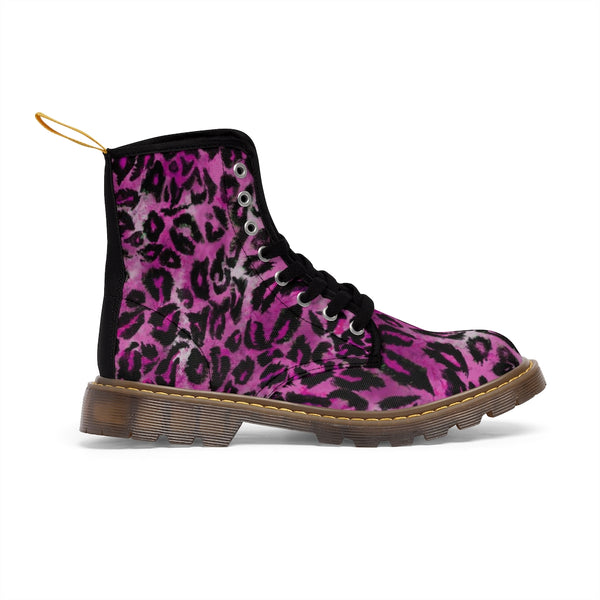 Pink Leopard Print Women's Boots, Best Animal Print Premium Designer Laced-Up Hiking Boot Shoes