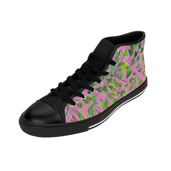 Pink Fern Men's High-top Sneakers, Green Cute Maidenhair Leaf Print Designer Men's High-top Sneakers Running Tennis Shoes, Fern Leaves Designer High Tops, Mens Floral Shoes, Tropical Leaf Print Sneakers (US Size: 6-14)