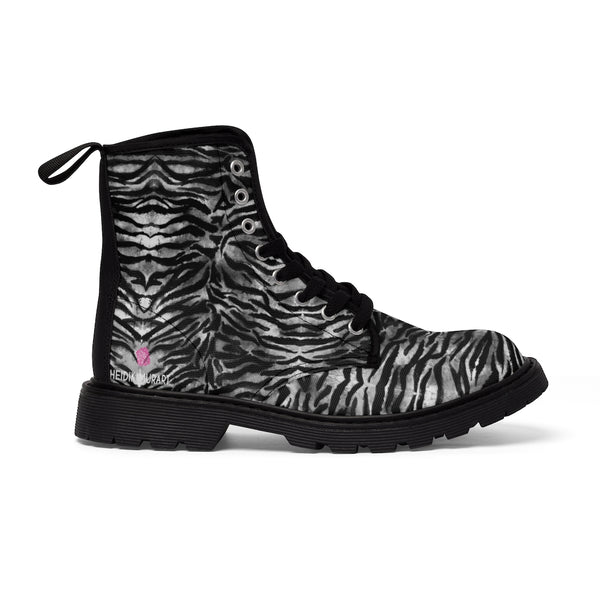 Gray Tiger Men's Canvas Boots, Gray Tiger Striped Animal Print Best Men's Footwear Hiking Boots
