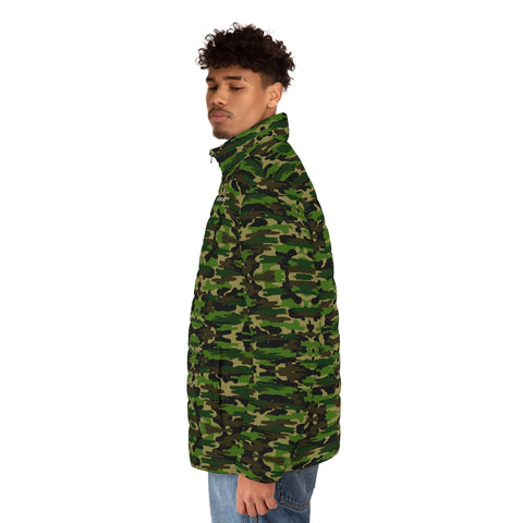 Green Camo Print Men's Jacket, Best Men's Puffer Jacket With Zippers