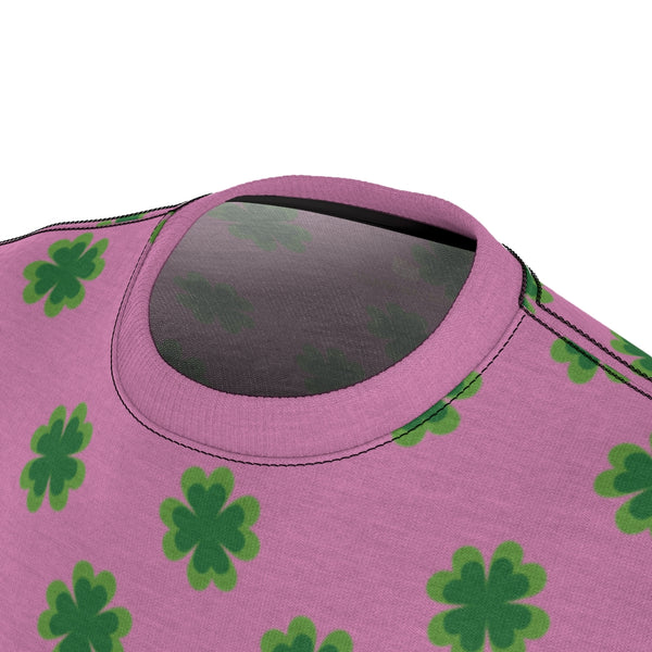 Pink Green Clover St. Patrick's Day Print Unisex Crew Neck Cut & Sew Tee- Made in USA-Unisex T-Shirt-Heidi Kimura Art LLC