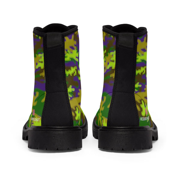 Purple Green Camouflage Women's Boots, Army Military Print Casual Fashion Gifts, Camo Shoes For Veteran Wife or Mom or Girlfriends, Combat Boots, Designer Women's Winter Lace-up Toe Cap Hiking Boots Shoes For Women (US Size 6.5-11)