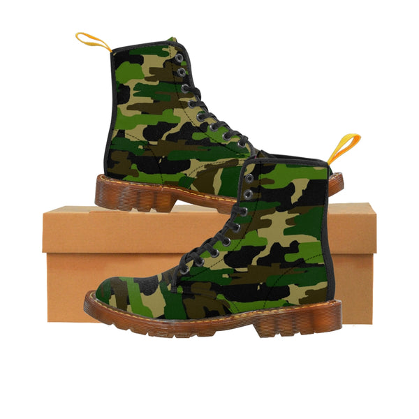 Green Camo Print Women's Boots, Green Brown Army Military Camouflage Fashion Gifts, Combat Boots, Designer Women's Winter Lace-up Toe Cap Hiking Boots Shoes For Women (US Size 6.5-11)