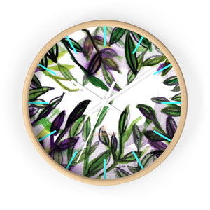 Green Purple Tropical Leaf Print Designer 10 in. Dia. Indoor Wall Clock- Made in USA-Wall Clock-10 in-Wooden-White-Heidi Kimura Art LLC