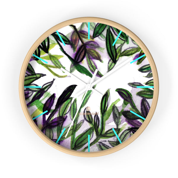 Green Purple Tropical Leaf Print Designer 10 in. Dia. Indoor Wall Clock- Made in USA-Wall Clock-10 in-Wooden-White-Heidi Kimura Art LLC