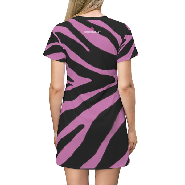 Pink Zebra Print T-Shirt Dress, Light Pink Zebra Animal Print Designer Crew Neck Women's Long Tee T-shirt Fashion Dress-Made in USA (US Size: XS-2XL)
