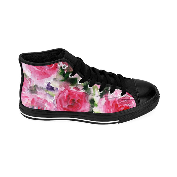 Pink Abstract Men's High-top Sneakers, Rose Floral Print Designer Men's High-top Sneakers Running Tennis Shoes, Floral High Tops, Mens Floral Shoes, Abstract Rose Floral Print Sneakers For Men (US Size: 6-14)