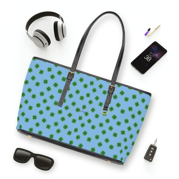 Blue Green Clover Tote Bag, Best PU Leather Shoulder Hand Work Bag