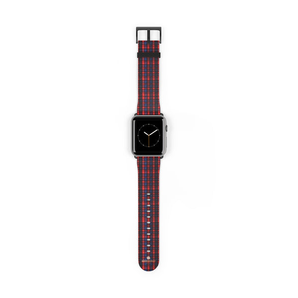 Red Blue Plaid Tartan Print 38mm/42mm Watch Band For Apple Watch- Made in USA-Watch Band-42 mm-Black Matte-Heidi Kimura Art LLC