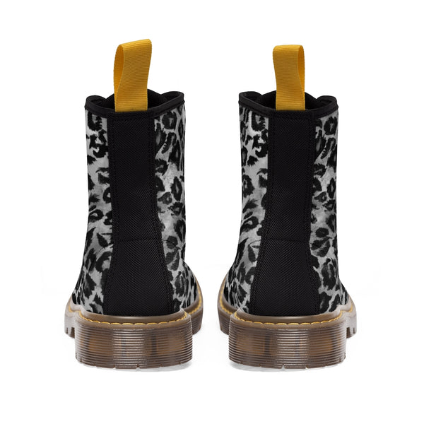 Grey Leopard Print Men Hiker Boots, Animal Print Best Laced Up Designer Men's Canvas Boots