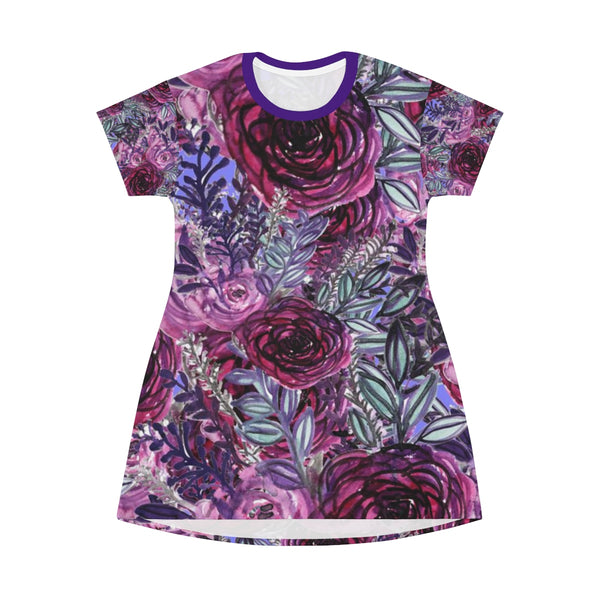 Purple Pink Rose Floral Print Women's Long T-Shirt Dress- Made in USA-T-Shirt Dress-Heidi Kimura Art LLC