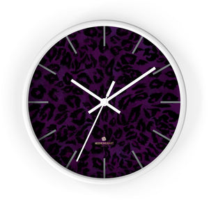 Purple Leopard Animal Print Large Unique Indoor Designer 10" Dia. Wall Clocks- Made in USA-Wall Clock-10 in-White-White-Heidi Kimura Art LLC