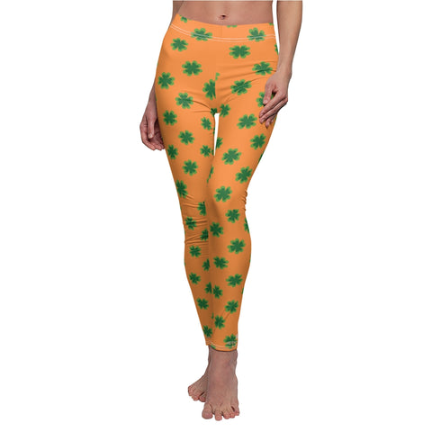 Orange Green St. Patrick's Day Clover Print Women's Long Casual Leggings- Made in USA-Casual Leggings-White Seams-M-Heidi Kimura Art LLC