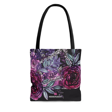 Black Rose Floral Tote Bag, Spring Roses Flower Print Designer Colorful Square 13"x13", 16"x16", 18"x18" Premium Quality Market Tote Bag - Made in USA