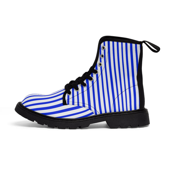 Blue Stripes Women's Canvas Boots, Best White Blue Striped Winter Boots Shoes For Ladies-Shoes-Printify-Heidi Kimura Art LLCBlue Striped Women's Canvas Boots, Vertically White Striped Print Designer Women's Winter Lace-up Toe Cap Boots Shoes For Women (US Size 6.5-11)