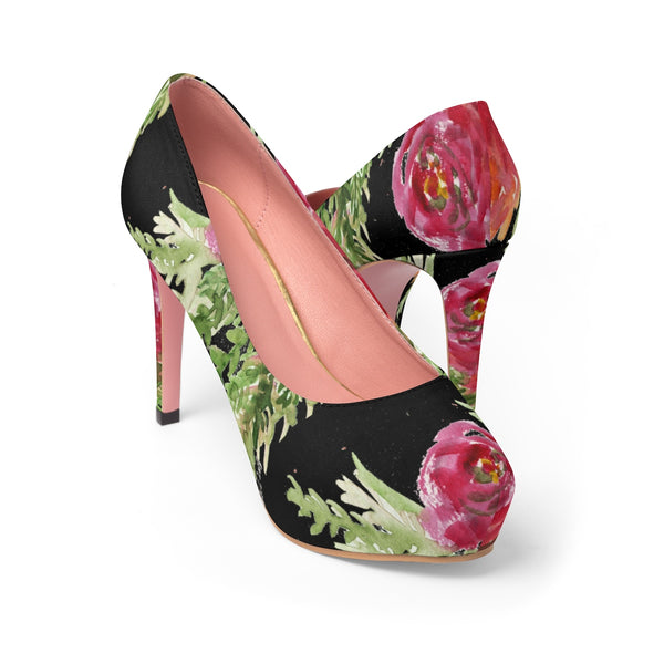 Red Rose Floral Print Women's 4" Platform Heels (US Size 5-11)-4 inch Heels-US 7-Heidi Kimura Art LLC