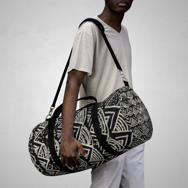 Black Geometric Duffel Bag, African Tribal Pattern Small/ Large Size Duffel Bag-Made in USA-Duffel Bag-Heidi Kimura Art LLC