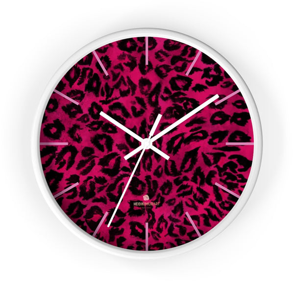 Hot Pink Leopard Animal Print Large Unique Wall Clocks For Vegan Lovers- Made in USA-Wall Clock-10 in-White-White-Heidi Kimura Art LLC