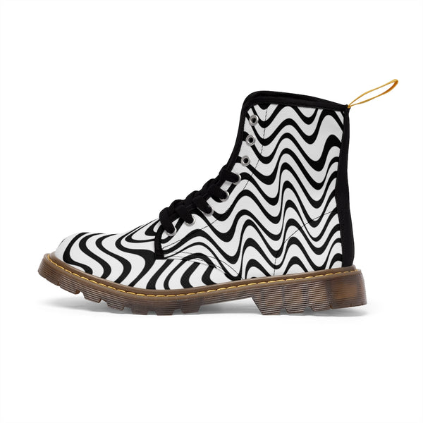Wavy Print Men's Boots, Black White Best Modern Men's Winter Hiking Canvas Boots, Fashionable Anti Heat + Moisture Designer Comfortable Stylish Men's Winter Hiking Boots Shoes For Men (US Size: 7-10.5)