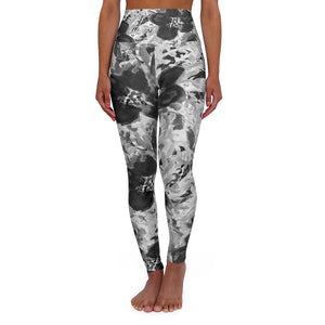 Floral High Waisted Yoga Leggings, Black Grey White Flower Print Women's Tights-All Over Prints-Printify-XS-Heidi Kimura Art LLC Floral High Waisted Yoga Leggings, Black Grey White Flower Print Best Ladies High Waisted Skinny Fit Yoga Leggings With Double Layer Elastic Comfortable Waistband, Premium Quality Best Stretchy Long Yoga Pants For Women-Made in USA