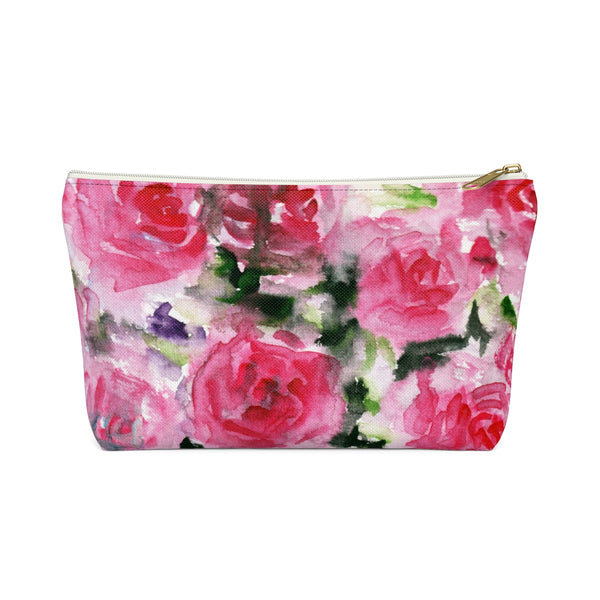 Rose Floral Print Accessory Pouch with T-bottom Makeup Bag - Made in USA-Accessory Pouch-White-Large-Heidi Kimura Art LLC
