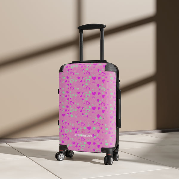 Cute Pink Hearts Cabin Suitcase, Valentine's Day Designer Carry On Polycarbonate Front and Hard-Shell Durable Small 1-Size Carry-on Luggage With 2 Inner Pockets & Built in Lock With 4 Wheel 360° Swivel and Adjustable Telescopic Handle - Made in USA/UK (Size: 13.3" x 22.4" x 9.05", Weight: 7.5 lb) Unique Cute Carry-On Best Personal Travel Bag Custom Luggage - Gift For Him or Her 