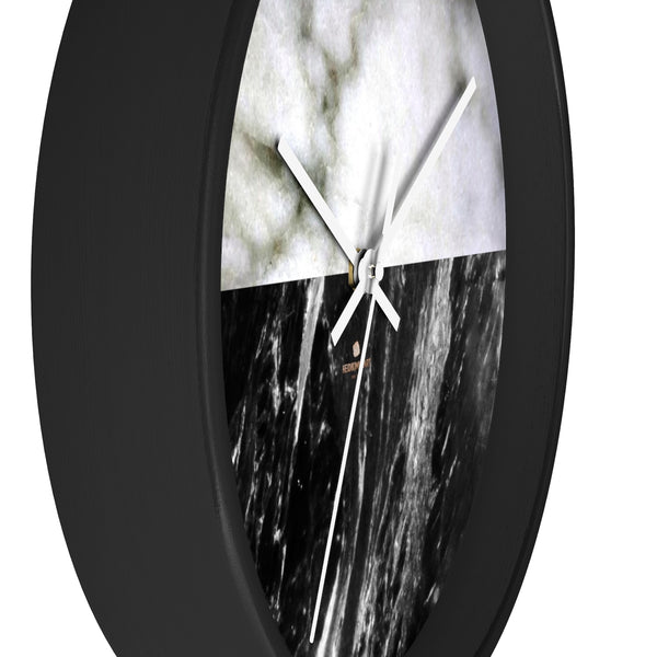 Black & White Marble Print Wall Clock, Modern Large Indoor 10" dia. Clock-Made in USA-Wall Clock-Heidi Kimura Art LLC