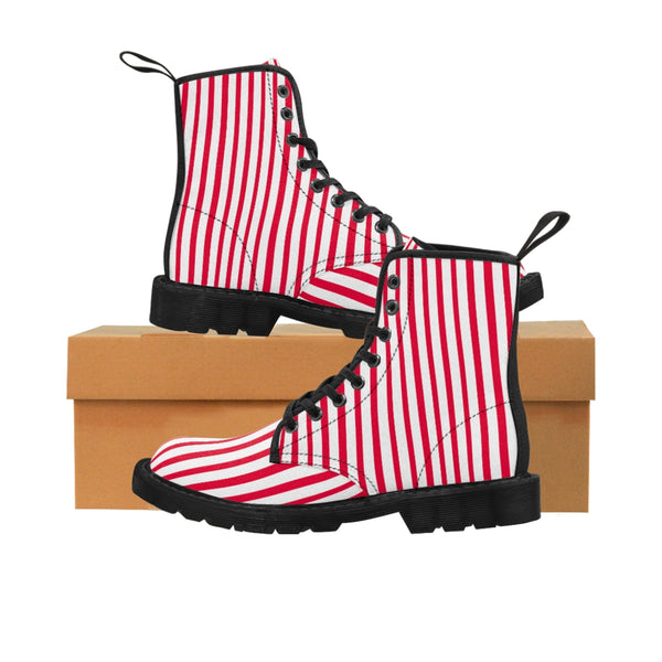 Red Striped Women's Canvas Boots, Best Modern White Red Stripes Winter Boots For Ladies-Shoes-Printify-Black-US 8.5-Heidi Kimura Art LLC
