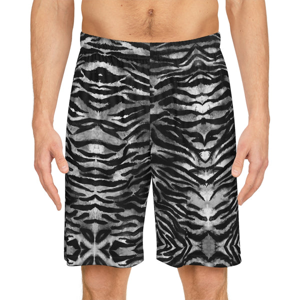 Grey Tiger Men's Basketball Shorts, Tiger Striped Men's Shorts - Made in USA