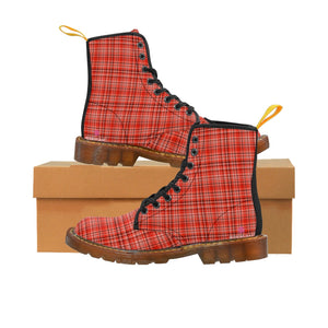 Red Plaid Women's Canvas Boots, Best Plaid Print Canvas Boots For Women, Elegant Feminine Casual Fashion Gifts, Hunting Style Combat Boots, Designer Women's Winter Lace-up Toe Cap Hiking Boots Shoes For Women (US Size 6.5-11)