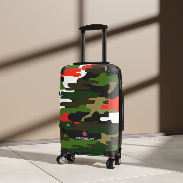 Green Red Camo Cabin Suitcase, Camouflaged Army Military Print Carry On Polycarbonate Front and Hard-Shell Durable Small 1-Size Carry-on Luggage With 2 Inner Pockets & Built in Lock With 4 Wheel 360° Swivel and Adjustable Telescopic Handle - Made in USA/UK (Size: 13.3" x 22.4" x 9.05", Weight: 7.5 lb) Unique Cute Carry-On Best Personal Travel Bag Custom Luggage - Gift For Him or Her 