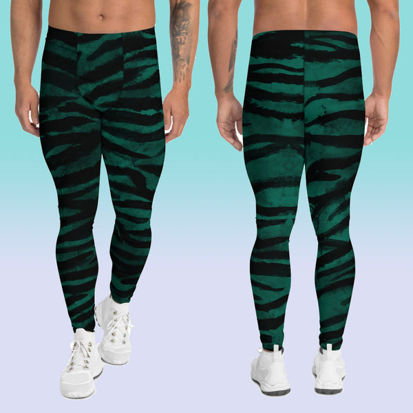 Green Tiger Stripe Men's Leggings, Tiger Animal Print Sexy Meggings Men's Workout Gym Tights Leggings, Men's Compression Tights Pants - Made in USA/ EU (US Size: XS-3XL) 