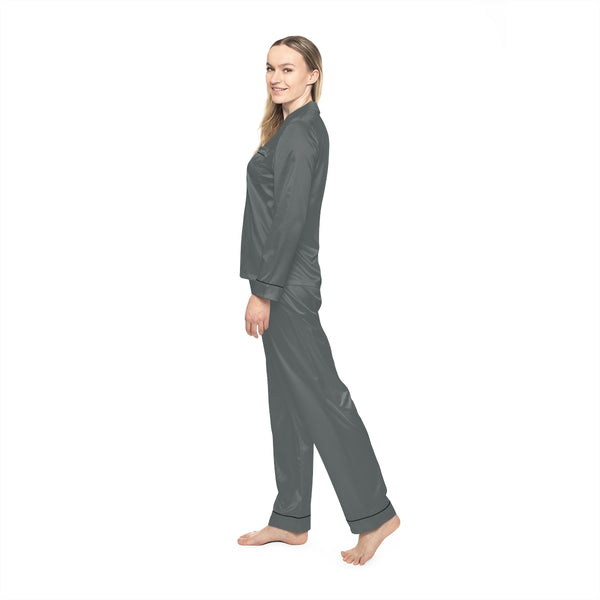 Ash Grey Women's Satin Pajamas, Luxury Premium Solid Color Lougewear For Women