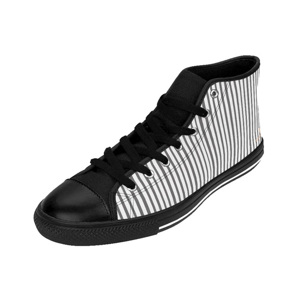 Grey Striped Men's High-top Sneakers, Modern Stripes Designer Tennis Running Shoes-Shoes-Printify-Heidi Kimura Art LLC Grey Striped Men's High-top Sneakers, Grey White Modern Stripes Men's High Tops, High Top Striped Sneakers, Striped Casual Men's High Top For Sale, Fashionable Designer Men's Fashion High Top Sneakers, Tennis Running Shoes (US Size: 6-14)