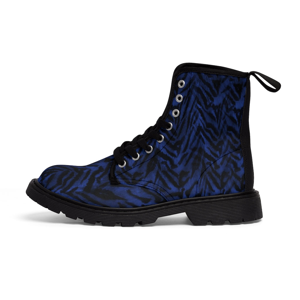 Blue Tiger Stripe Men's Boots, Animal Print Best Designer Fashionable Combat Work Hunting Boots, Anti Heat + Moisture Designer Men's Winter Boots Hiking Shoes (US Size: 7-10.5)