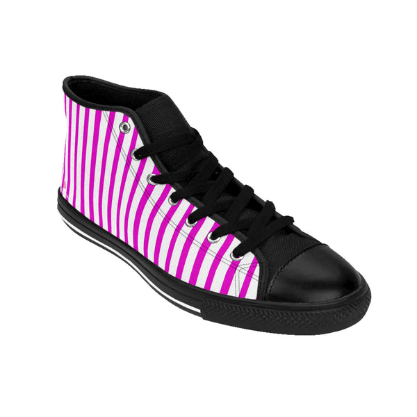 Pink Striped Men's High-top Sneakers, Pink White Modern Stripes Men's High Tops, High Top Striped Sneakers, Striped Casual Men's High Top For Sale, Fashionable Designer Men's Fashion High Top Sneakers, Tennis Running Shoes (US Size: 6-14)