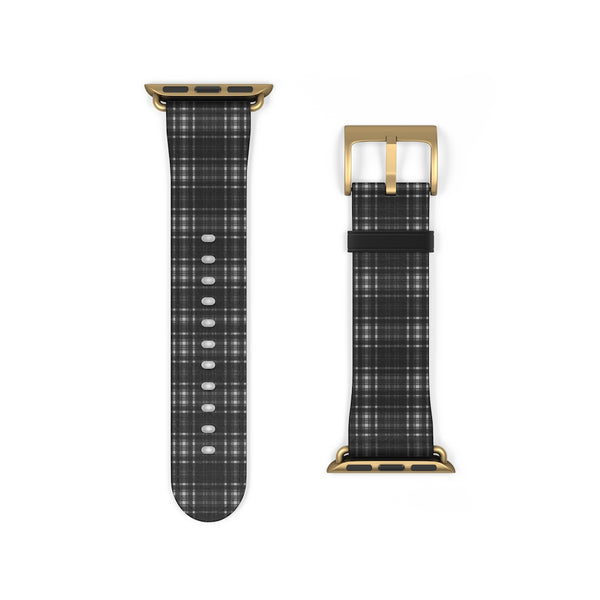 Black Gray Plaid Apple Watch Band, Tartan Print 38mm/42mm Watch Band - Made in USA-Watch Band-38 mm-Gold Matte-Heidi Kimura Art LLC