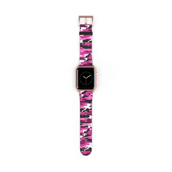 Pink White Camo Army Print 38mm/42mm Watch Band For Apple Watch- Made in USA-Watch Band-38 mm-Rose Gold Matte-Heidi Kimura Art LLC