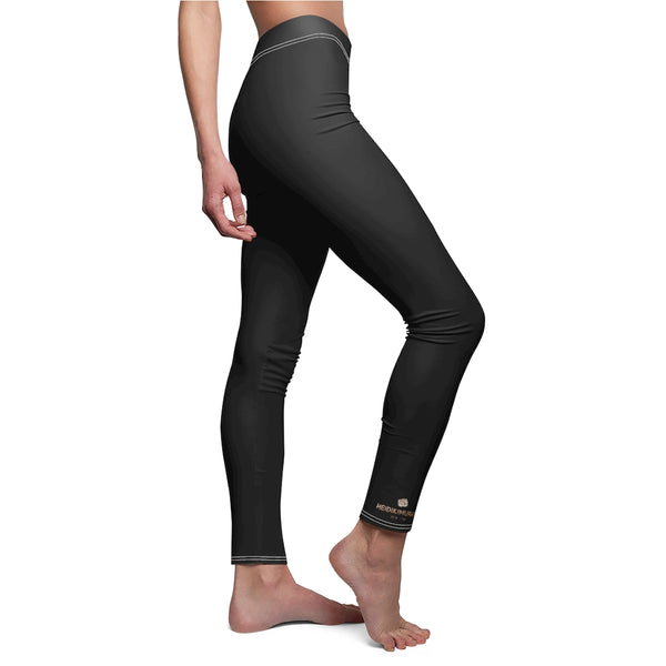 Black Solid Color Print Women's Dressy Long Fancy Dressy Casual Leggings-Made in USA-Casual Leggings-Heidi Kimura Art LLC