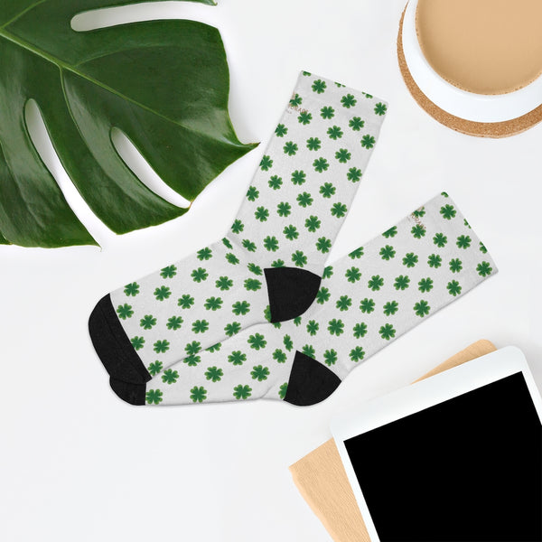 White Green St. Patrick's Day Clover Print Unisex Premium One Size Socks- Printed in USA-Socks-One size-Heidi Kimura Art LLC