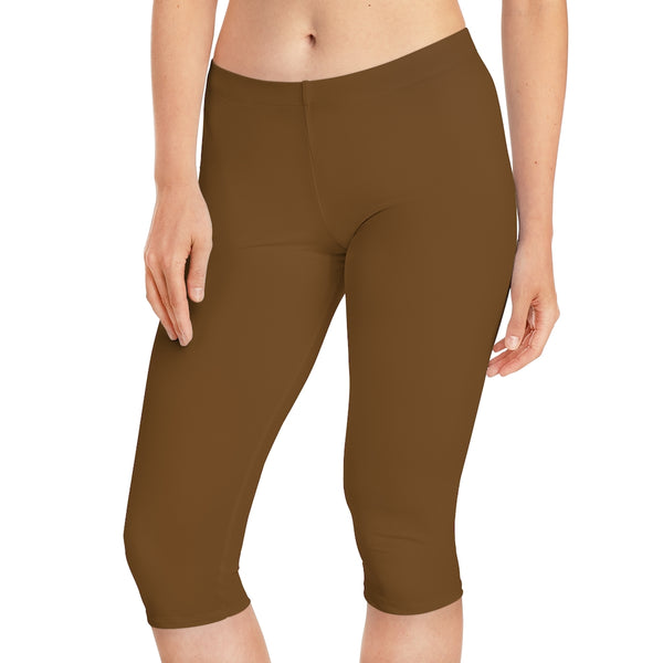 Earth Brown Women's Capri Leggings, Modern Essential Solid Color American-Made Best Designer Premium Quality Knee-Length Mid-Waist Fit Knee-Length Polyester Capris Tights-Made in USA (US Size: XS-3XL) Plus Size Available