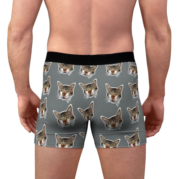 Dark Grey/ Gray Cat Print Men's Underwear, Cute Cat Boxer Briefs For Men, Sexy Hot Men's Boxer Briefs Hipster Lightweight 2-sided Soft Fleece Lined Fit Underwear - (US Size: XS-3XL) Cat Boxers For Men/ Guys, Men's Boxer Briefs Cute Cat Print Underwear